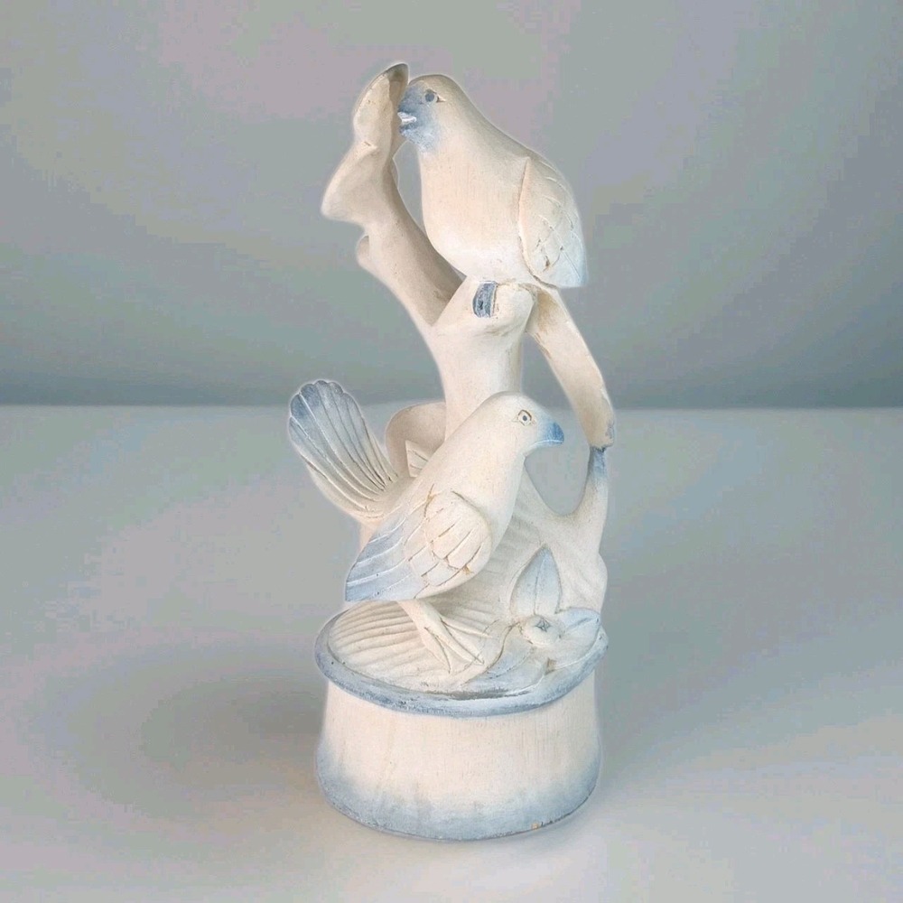 Wood Carved Birds Sculpture 15.5" Painted Blue White‎ Solid Wood Folk Art Statue